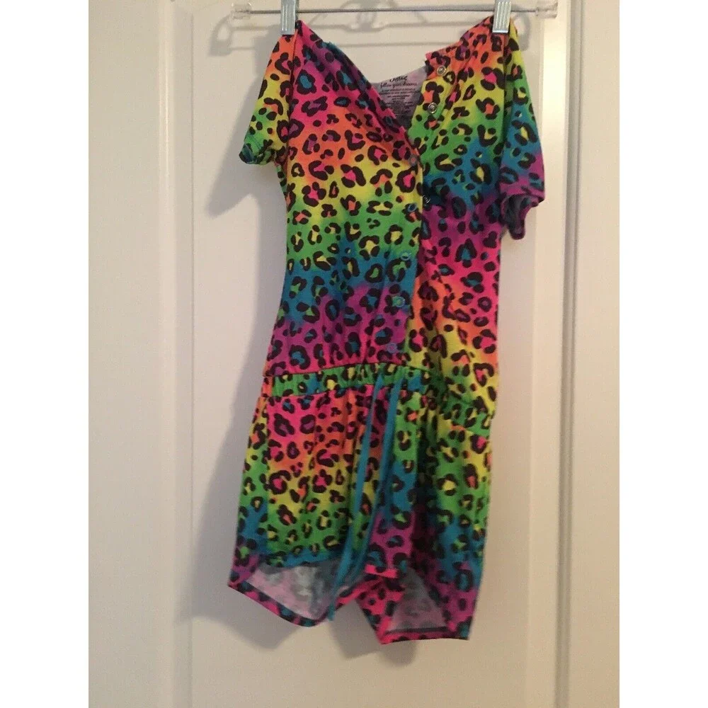 Justice Girls Colorful Leopard Print Pajama Romper Jumpsuit Shorts Sleep Size 10